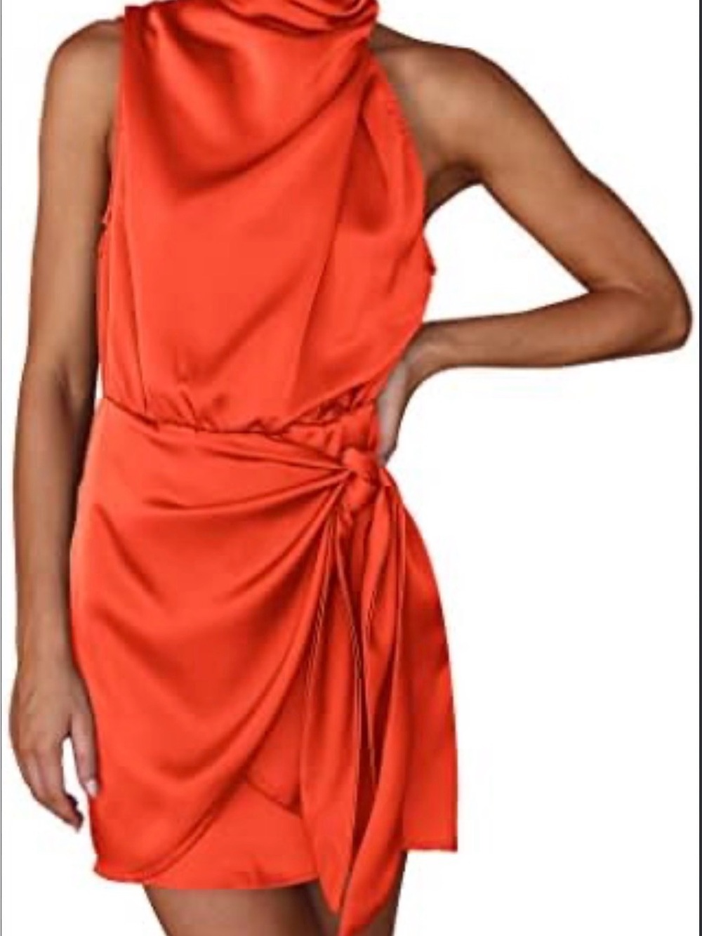 Satin Halter Tie-Waist Mini Dress - Orange